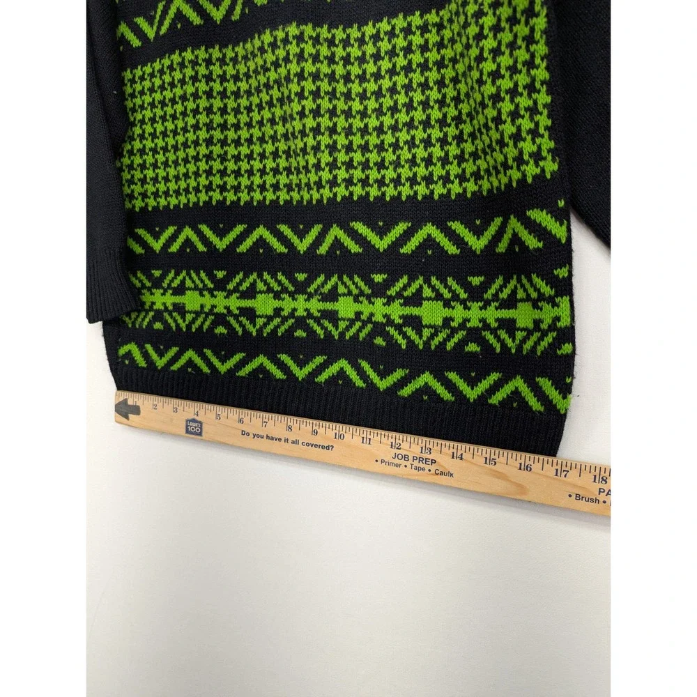 World‎ Trade Knits Vintage Neon Green Black Geometric Houndstooth Sweater USA